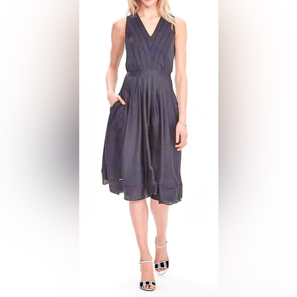 BANANA REPUBLIC Navy Satin Lattice Trimmed A-Line Swirl Dress with Pockets